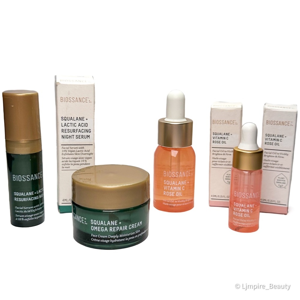 🆕7pc BIOSSANCE Skincare Set Squalane + Lactic Acid Night Serum & Vit C Rose Oil